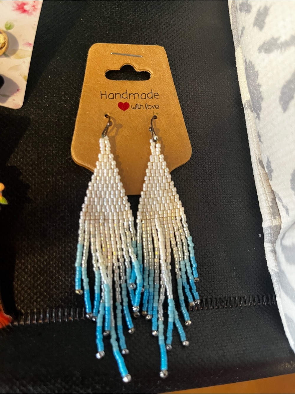 Handmade White and Blue Beaded Fringe Earrings